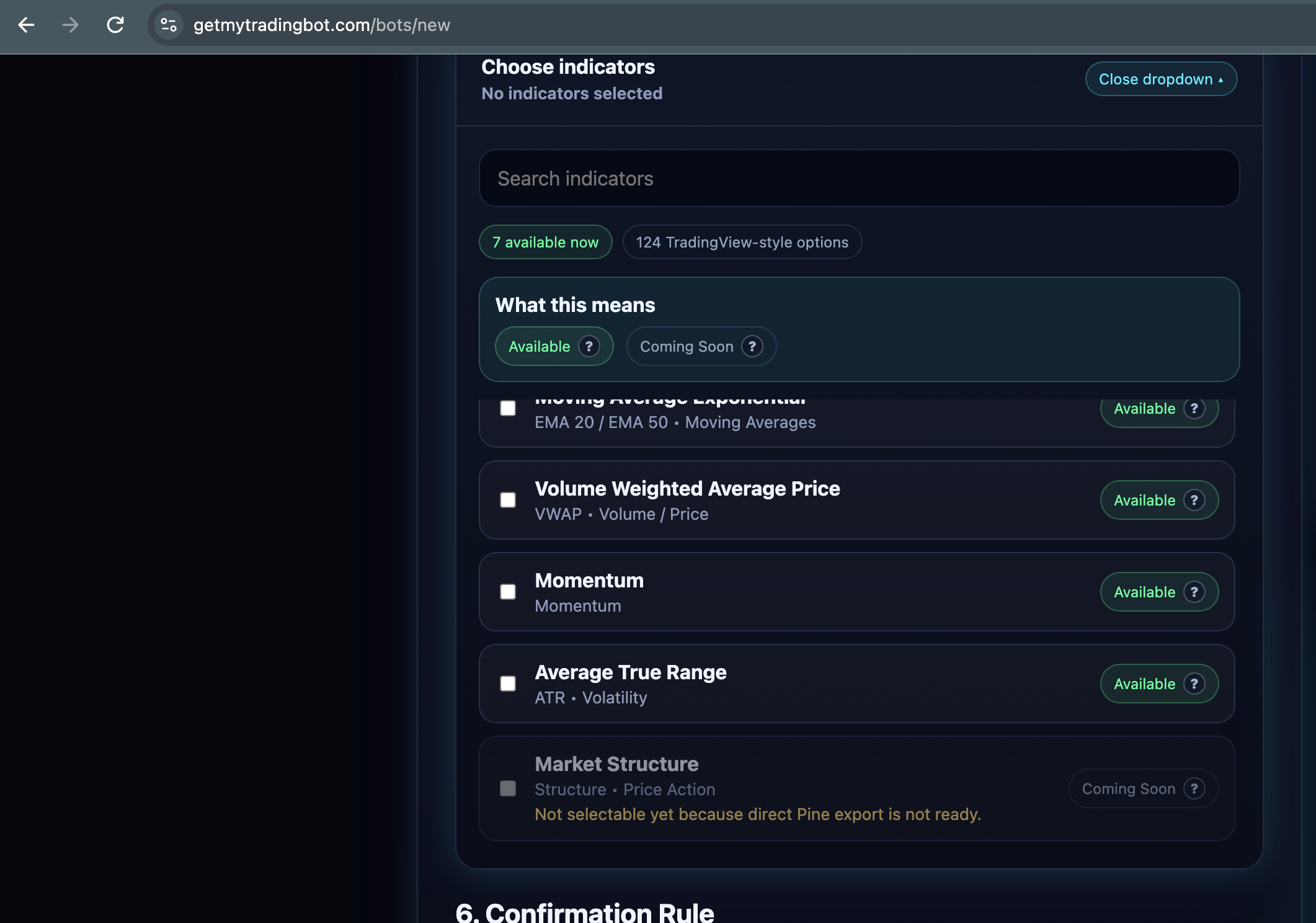 GetMyTradingBot indicator selector showing available indicators