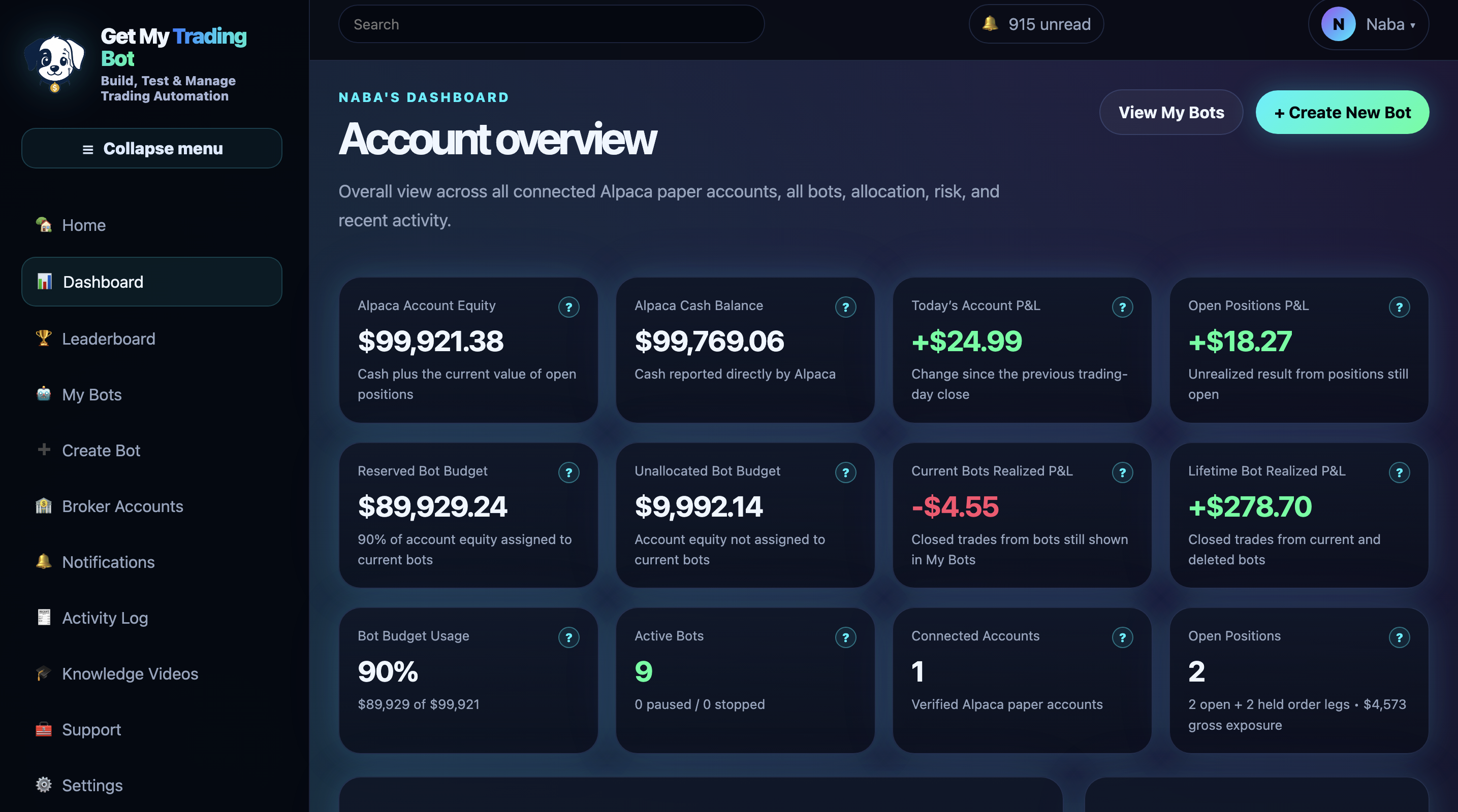 Paper-trading dashboard showing account equity, cash, daily profit and loss and open positions