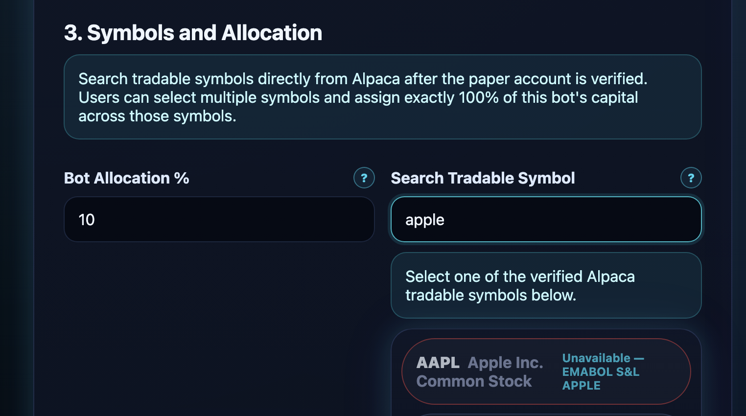 GetMyTradingBot symbol search and capital allocation form